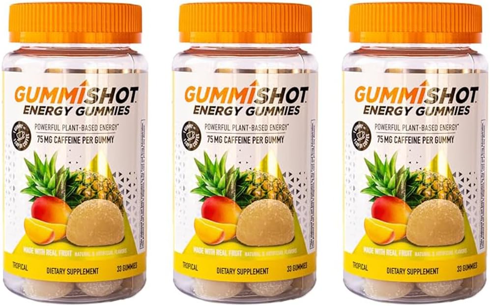 GummiShot Energy Gummies, 2475 mg de noix de caféine à base végétale par bouteille, Boosters à longue durée d'énergie, compte Tropical 33 (paquet de 3)