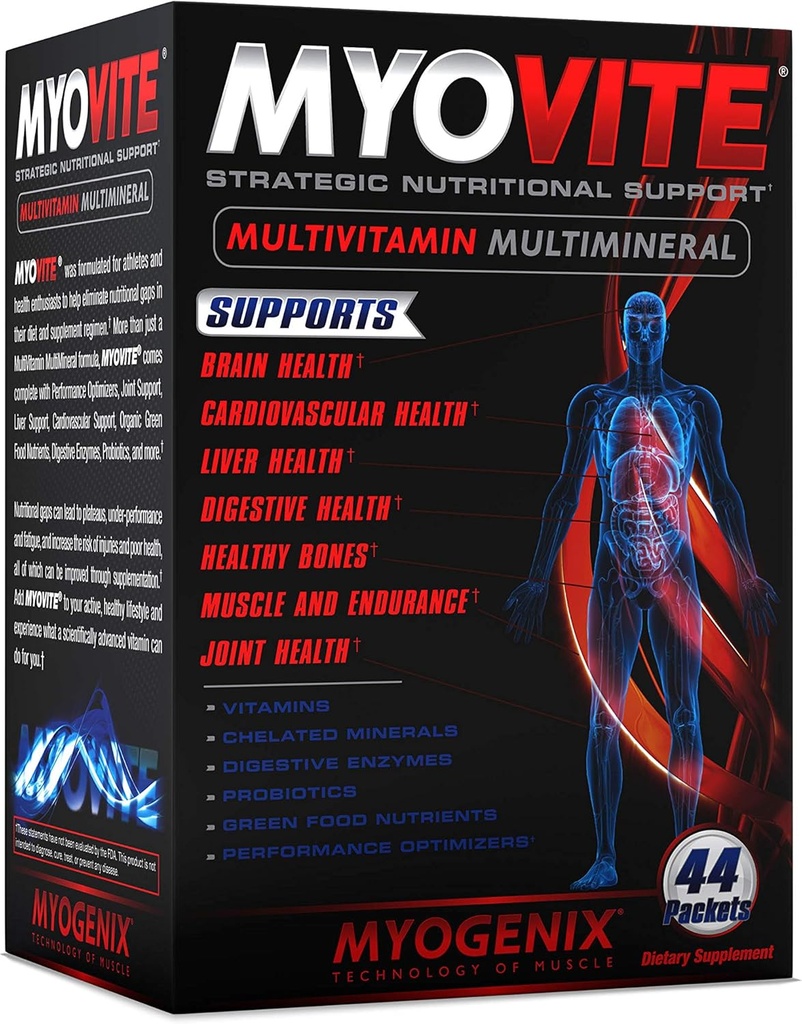 Myogenix Multivitamines myovites pour les athlètes - Vitamines hautes performances pour les athlètes hommes et femmes, Vitamines quotidiennes pour la nutrition optimale, la fonction musculaire et la santé générale, 44 paquets par boîte