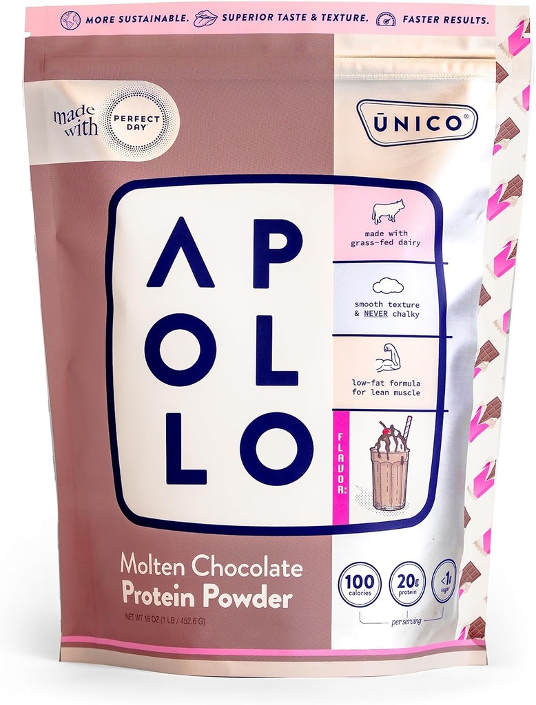 Poudre de protéines de chocolat fondu Unico Apollo - 20g 100% de protéines de lactosérum, d'albumen d'oeufs et de caséine non flottantes , 16 portions Texture non chalky