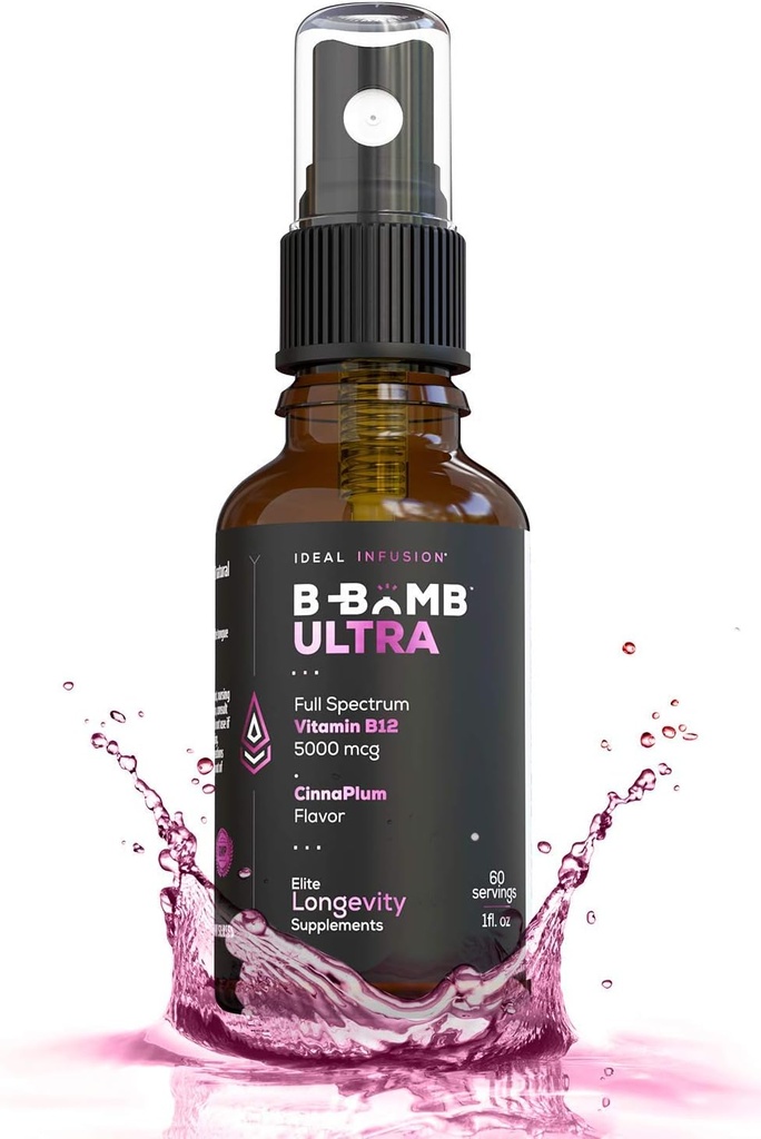 Infusion idéale B-Bomb Triple B12 Vaporisateur de vitamine liquide : méthylcobalamine, adénosylcobalamine, Hydroxocobalamine - Nerve Health and Energy Booster- 5000 mcg, Keto, sans sucre (CinnaPlum organique)