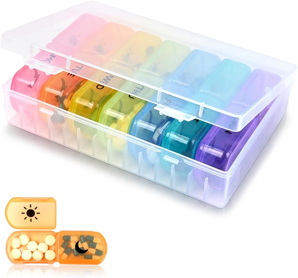 2-Times a Day Pill Organizer – Grand étui à pilules de 7 jours – Matériel de qualité alimentaire – Volume élevé, Amovible, Design amical – Porte-pilule parfait pour les suppléments, les vitamines et les médicaments