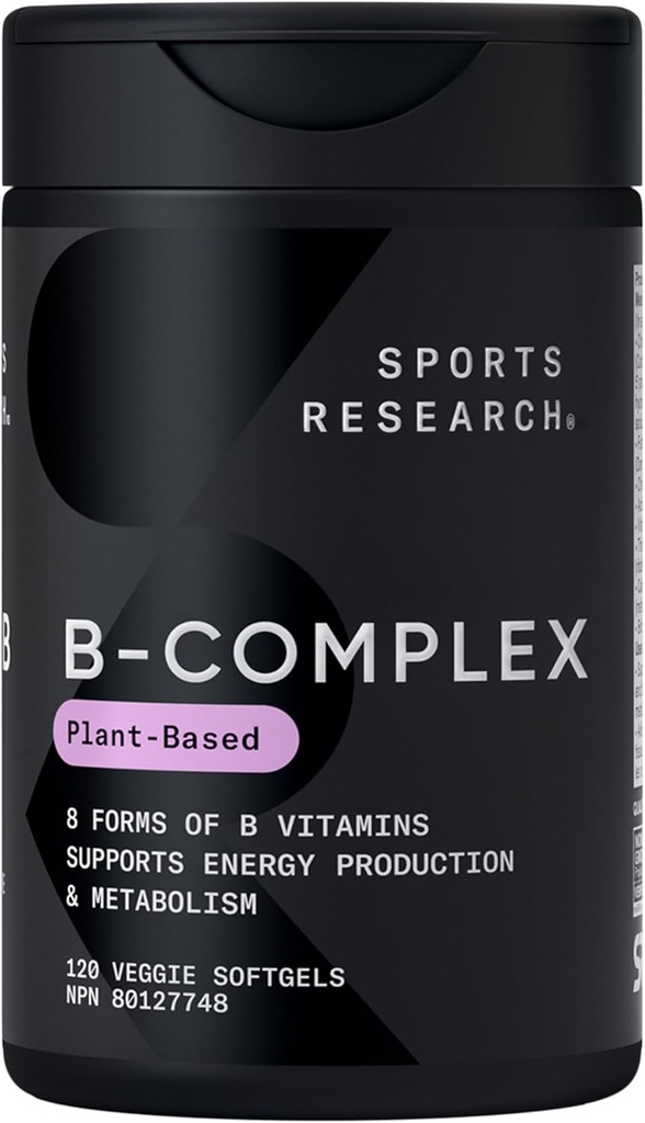 Sports Research® Vitamine B-Complex - Plein spectre de vitamines B avec B12 et folates méthylés - Sans gluten · Base végétale · Non-OGM · Formule végan-friendly - 120 softgels Veggie