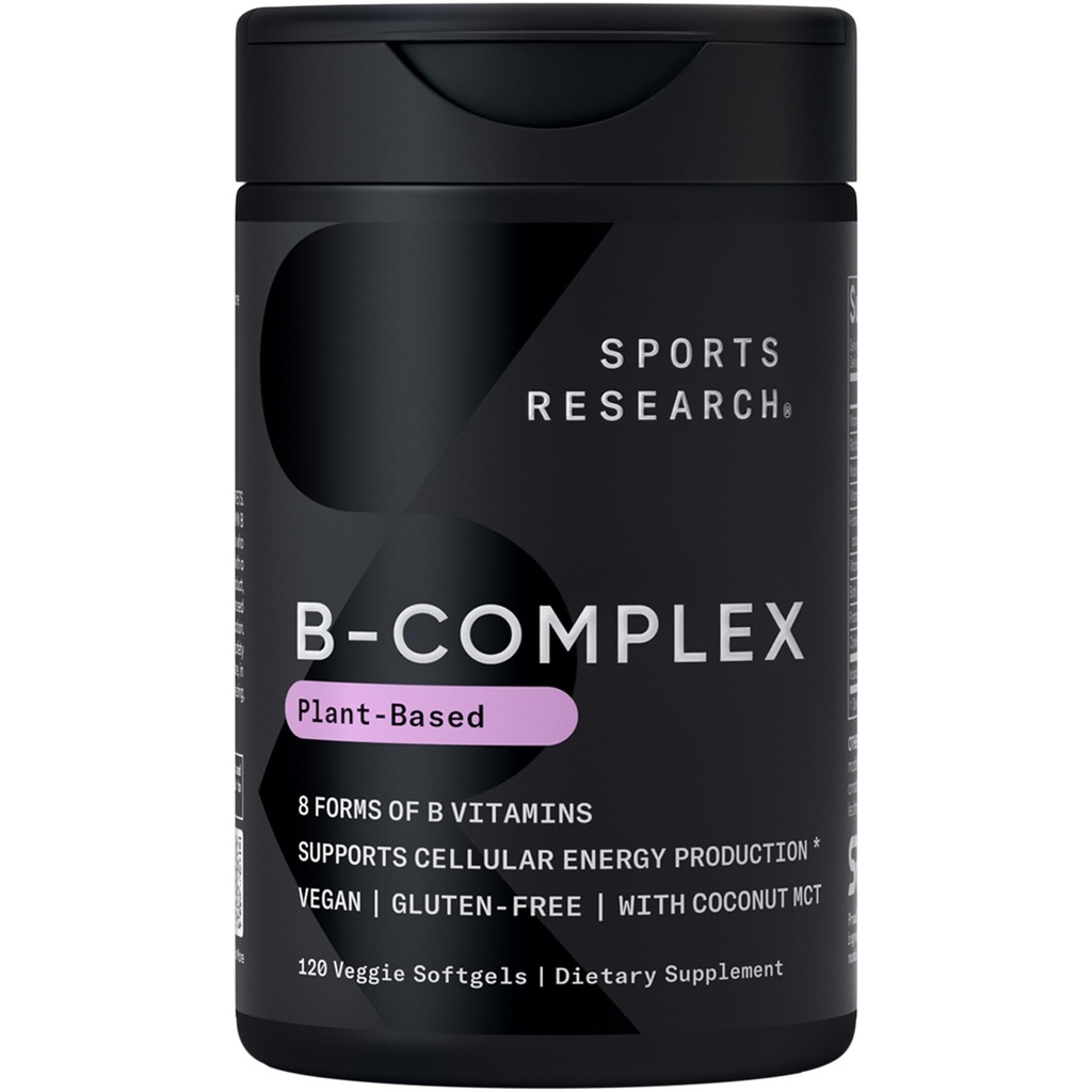 Sports Research® Vitamine B-Complex - Plein spectre de vitamines B avec B12 méthylé et folate - sans gluten · base végétale · non-OGM · formule végan-friendly - 120 softgels Veggie