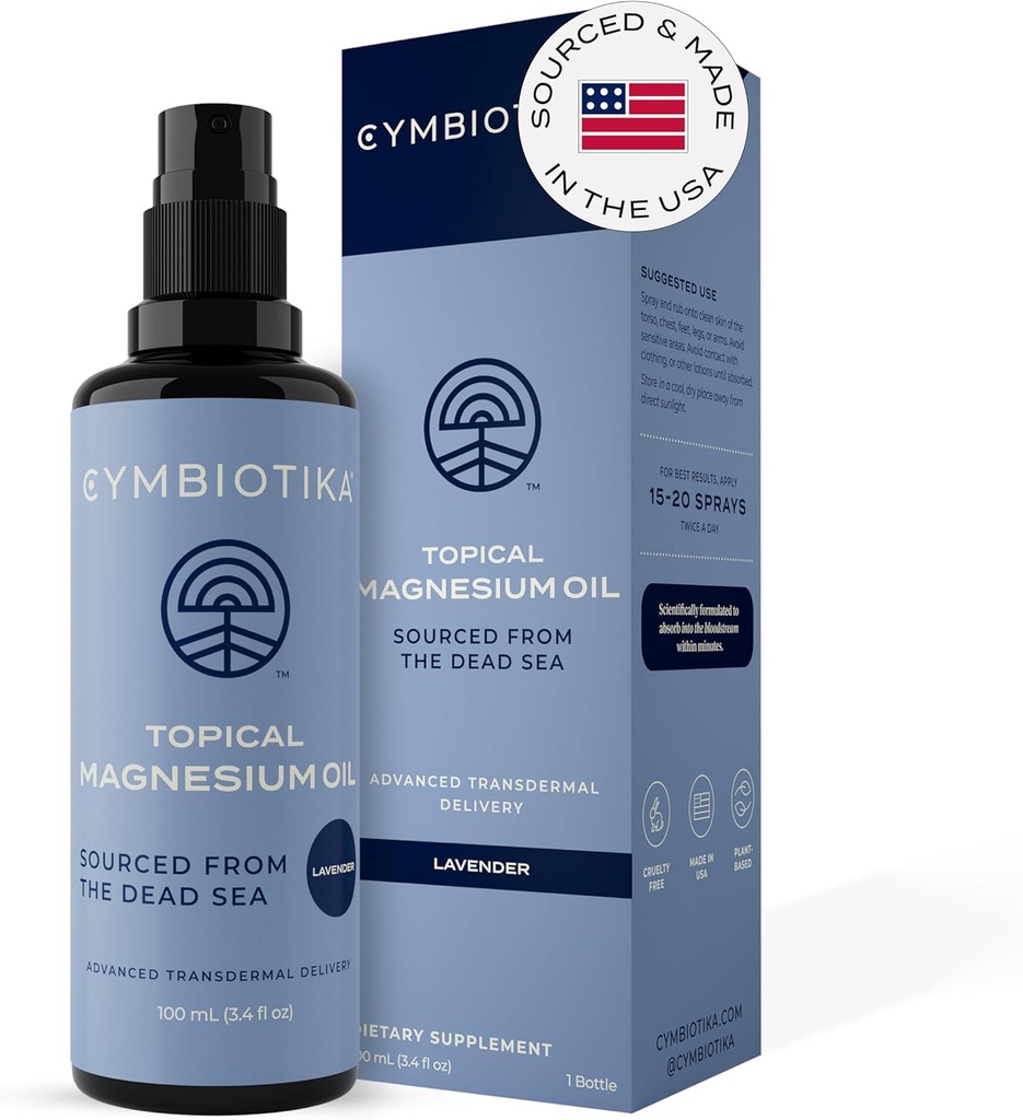 CYMBIOTIKA Spray d'huile de magnésium topique pour le corps, États-Unis Fabriqué, Supplément pour les crampes de jambes, Muscle, Joint Health & Sleep Support, Comprend le chlorure de magnésium, extrait de lavande, Aloe Vera - Skin Applicator