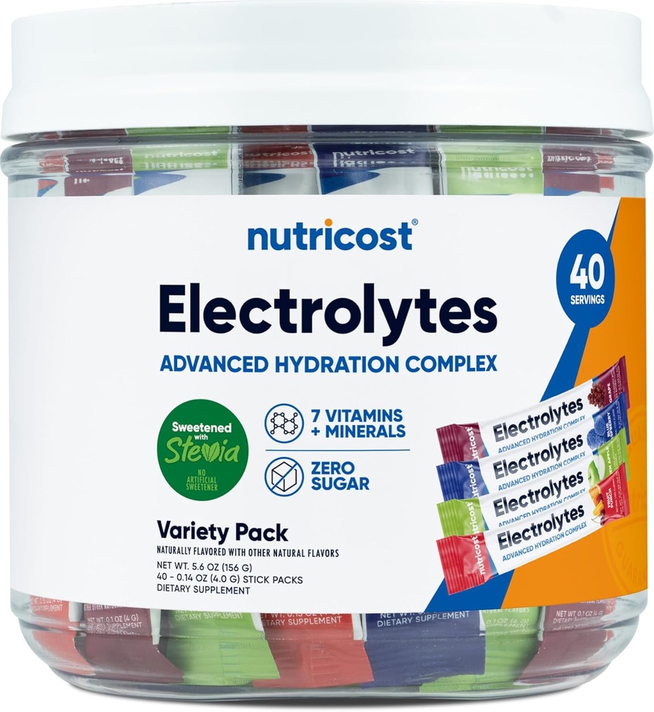 Complexe d'électrolytes Nutricost, lot de variétés aromatisé, 40 Stickpacks - Complexe d'hydratation avancé