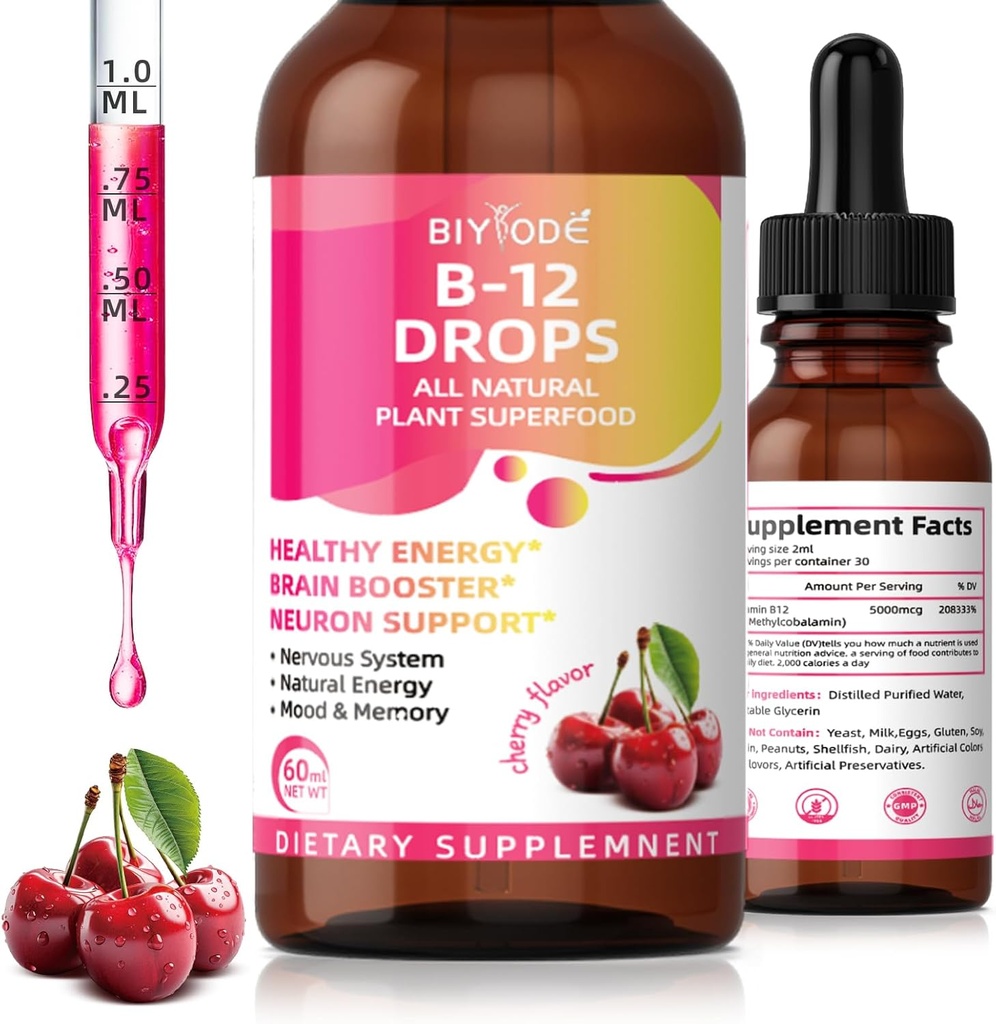Vitamine B12 5000 mcg gouttes liquides Toutes les plantes naturelles Superfood Énergie saine Booster cerveau Soutien neurone Système nerveux Énergie naturelle Mémoire d'humeur 60ml Net Wt Cherry Flavor