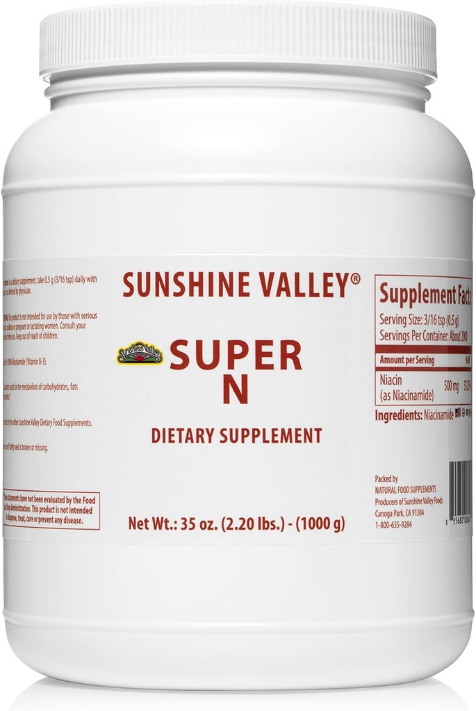 Sunshine Valley® Super N Poudre de Niacinamide (35 oz) - Supplément alimentaire pour l'énergie, la digestion, l'anti-âge et la peau saine - naturel, sans flush