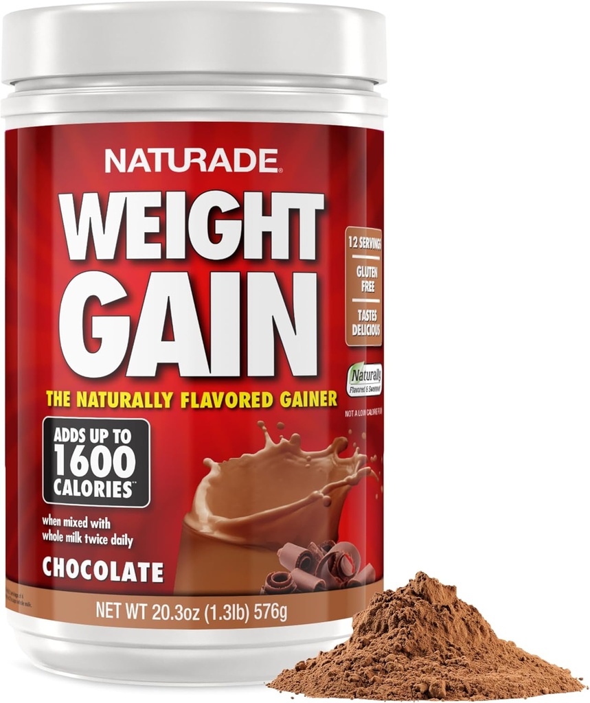 Naturade - Mélange de boissons de gain de poids naturel - Sans gluten, goût délicieux, 1600 calories par portions - Gaineur de masse avec/hydrates de carbone et protéines - Chocolat, 20.3 Ounce (12 portions).