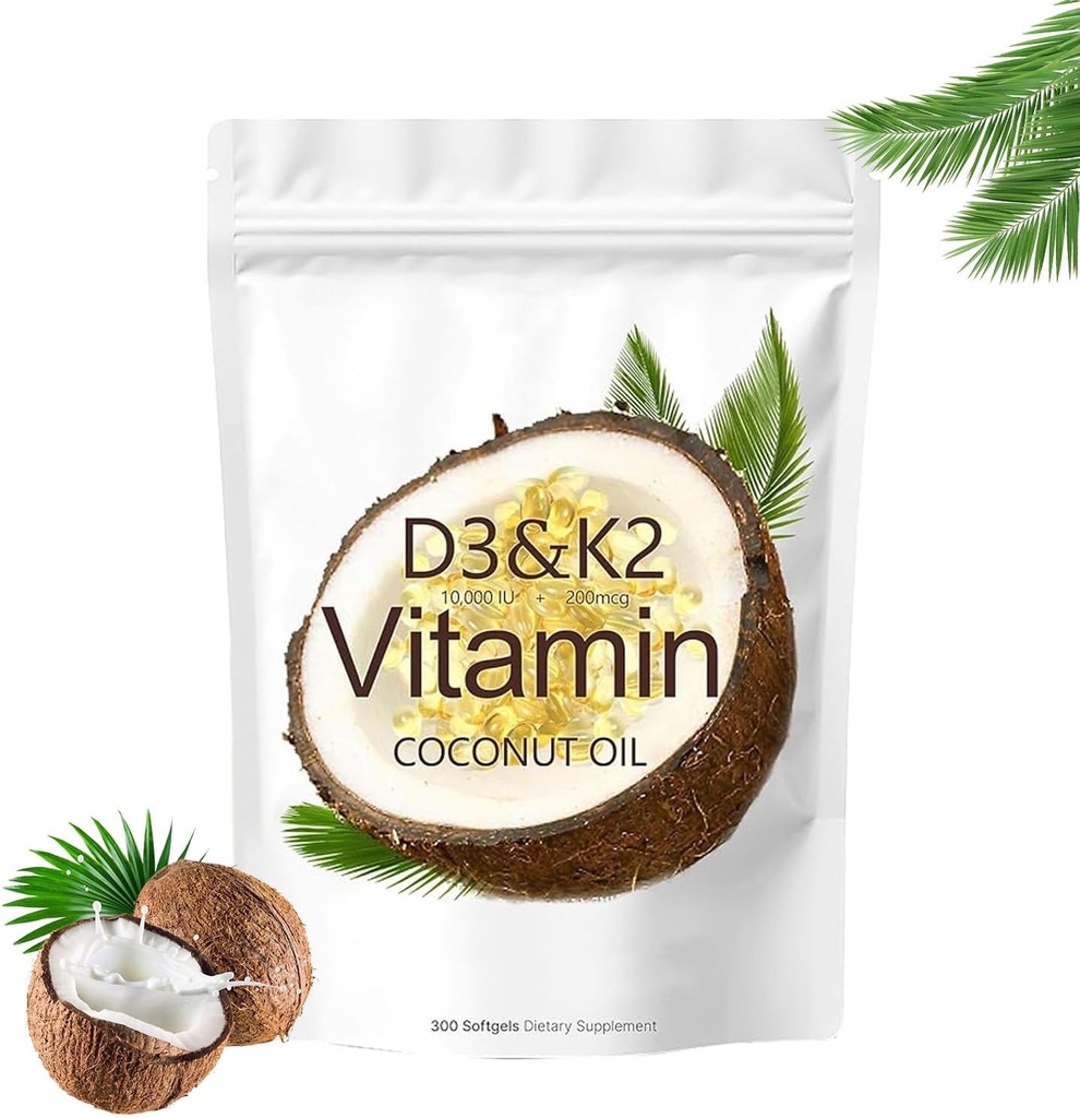 Supplément vitamine D3 K2 softgels, 10000 UI D3 + 200 mcg K2, non-OGM, sans gluten, sans soja, 300 Nombre