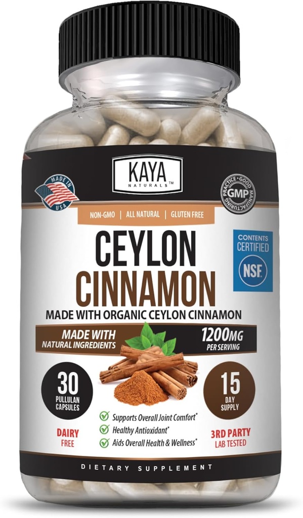 Kaya Naturals Ceylan Cinnamon Supplément $ 1200mg par portion, végétalien - Sans OGM et sans gluten - 30 capsules