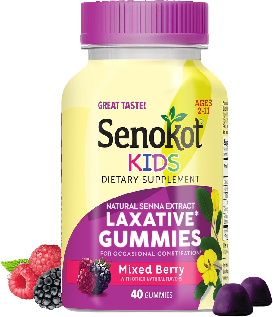 Senokot Kids Gommies mixtes de baies laxatives pour l'âge 2+, Extrait de Senna pour doux, Relief nocturne de Constipation occasionnelle, 40 ct