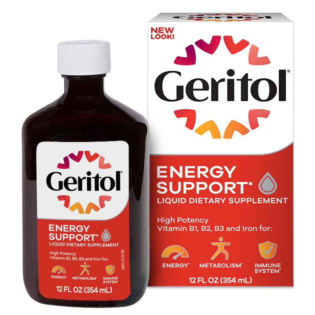 Geritol, supplément de vitamine liquide et de fer, soutien énergétique, contient des vitamines B à haute puissance et du fer, goût agréable, facile à avaler, pas d'édulcorants artificiels, non-OGM, 12 Oz