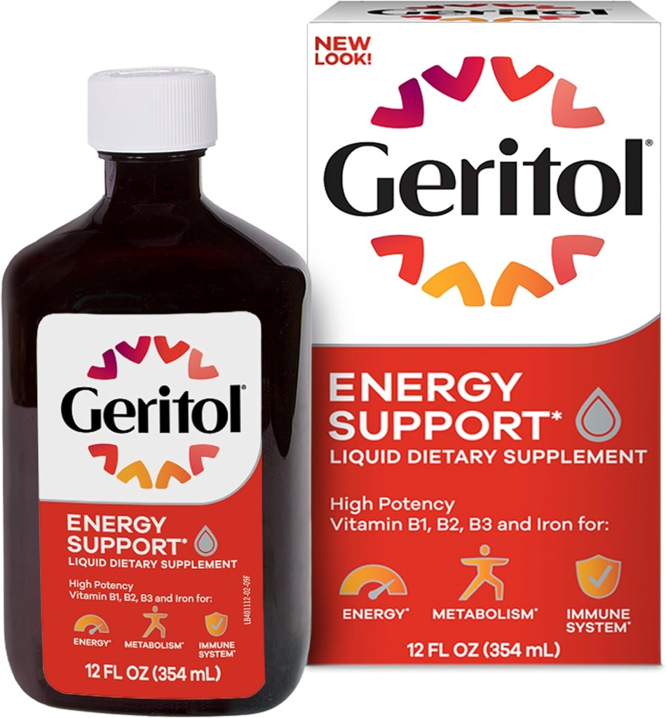 Geritol, supplément de vitamine liquide et de fer, soutien énergétique, contient des vitamines B à haute puissance et du fer, goût agréable, facile à avaler, pas d'édulcorants artificiels, non-OGM, 12 Oz