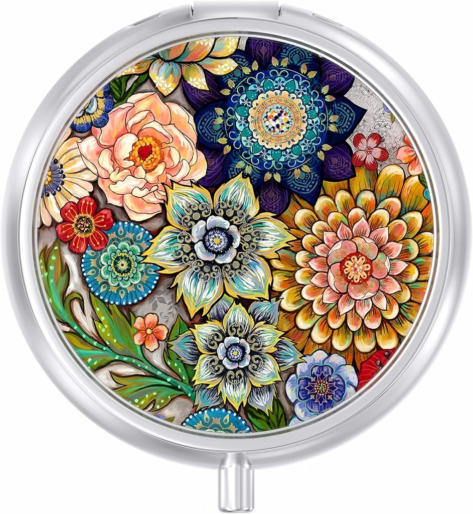 Pill Case, Mute Travel Pill Box for Purse, Hydraure Proof Small Medicine Holder, Portable Pocket Medicine Organizer Distributeur de vitamines, huile de foie de morue, suppléments, Mandala Flower