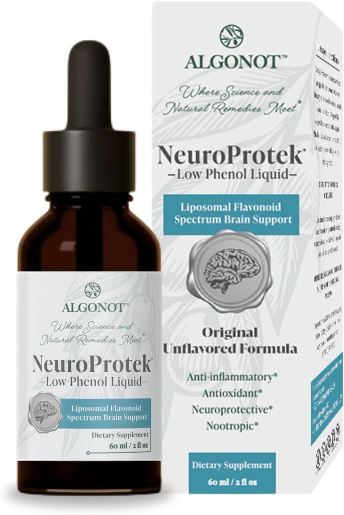 NeuroProtek Low Phénol Liquid - Non aromatisé - 60 portions, La seule formulation liquide de lutéolin pour une absorption rapide. Combinaison exclusive brevetée de Luteolin et d'autres flavonoïdes dans l'huile d'olive