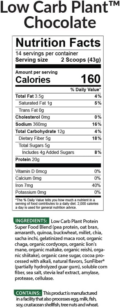 BioTrust Low Carb Plant, Délicieux, Crémeux, 20 grammes de protéines propres, complètes, à base végétale, 5 grammes de fibre, 15 superaliments, enzymes digestives, végétalien, sans lait - 14 portions (chocolat)