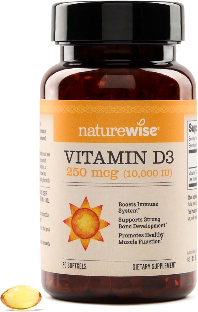 NatureWise Vitamine D3 10,000IU (250 mcg) 30 jours d'approvisionnement - Haute puissance pour le soutien immunitaire sain et la fonction musculaire, non-OGM, sans gluten dans l'huile d'olive extra vierge biologique, (Mini Softgel), 30 comtes
