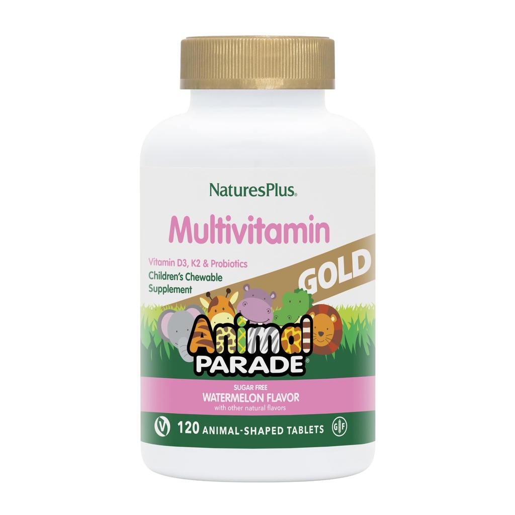 Natures Plus Parade animale Multivitamines d'or Enfants - Saveurs de pastèque - 120 comprimés en forme d'animal - Vitamine D3, K2 et probiotiques - Vegan, sans gluten - 60 portions totales
