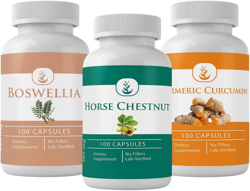 INGRÉDIENTS ORIGINAUX PURE Châtaignes de cheval, Boswellia et gélules de curcuma, 100 gélules chacune, toujours pure, sans additifs ou remplisseurs