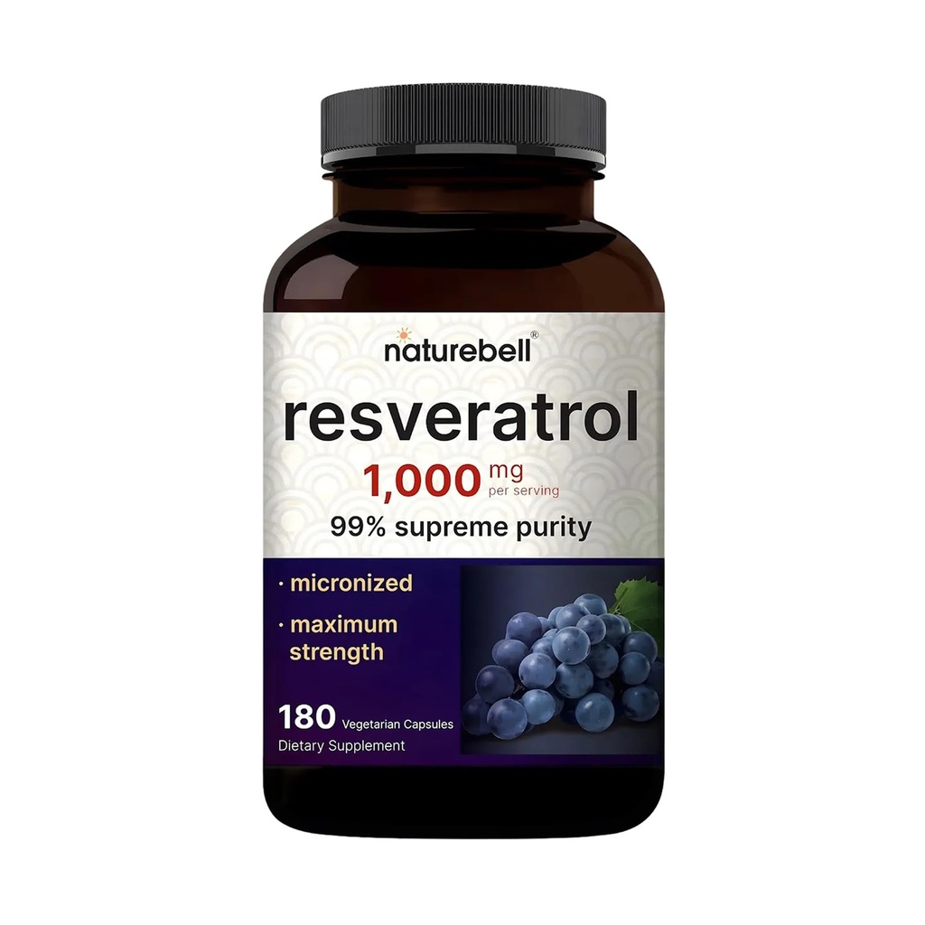 NatureBell Resveratrol Supplément 1000mg par portion, 180 Capsules de Veggie, 99 % Trans-Resveratrol pur, non-OGM