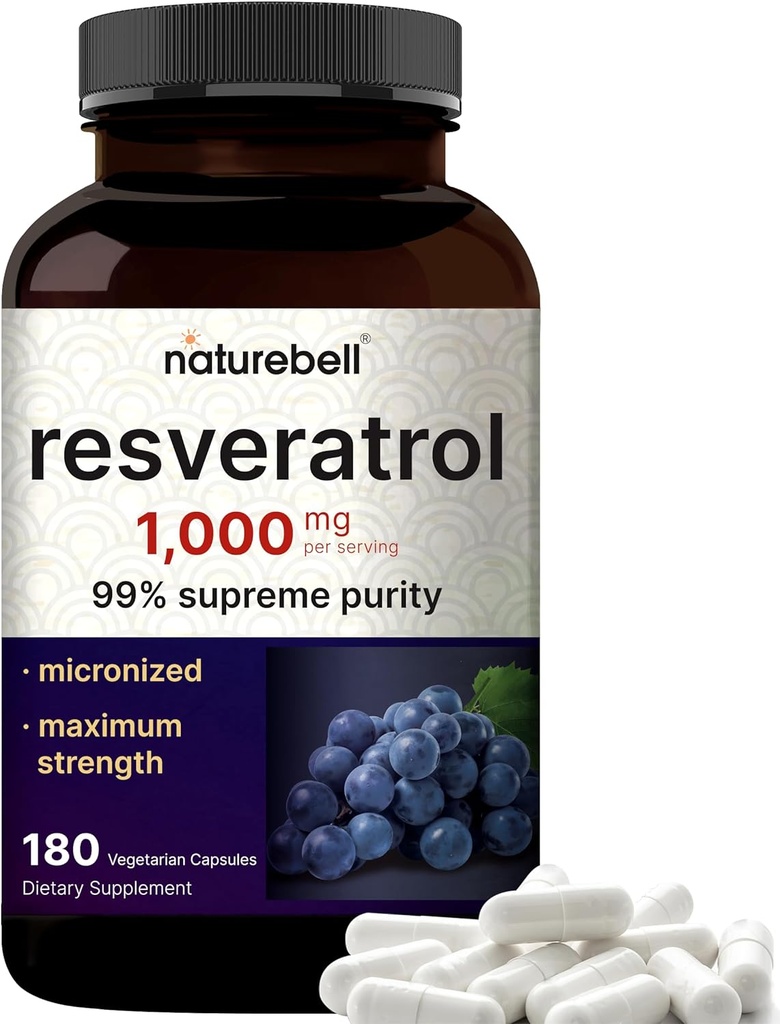 NatureBell Resveratrol Supplement 1000mg Per Serving, 180 Veggie Capsules, 99% Pure Trans-Resveratrol, Non-GMO