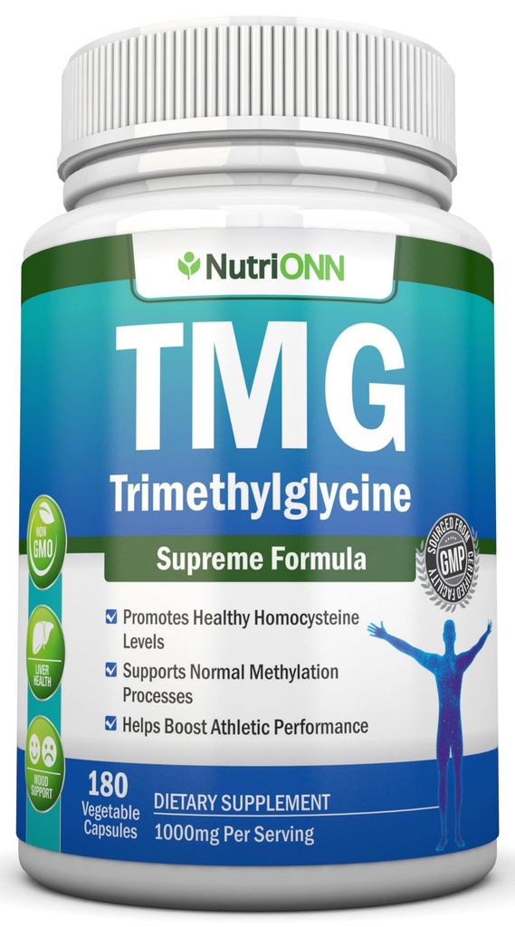 TMG Triméthylglycine Supplement - 1000mg - 180 Capsules - Premium Pure Betaine Anhydre - Supporte les niveaux normaux d'homocystéine et de pression artérielle - Favorise les processus de méthylation - Formule non-OGM