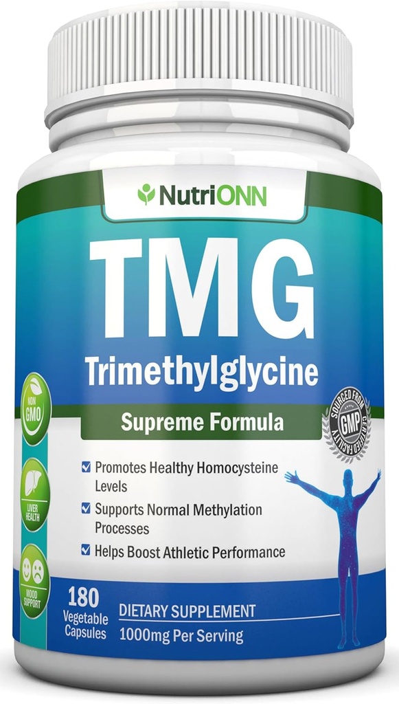 TMG Trimethylglycine Supplement - 1000mg - 180 Capsules - Premium Pure Betaine Anhydrous - Supports Normal Homocysteine & Blood Pressure Levels - Promotes Methylation Processes - Non-GMO Formula