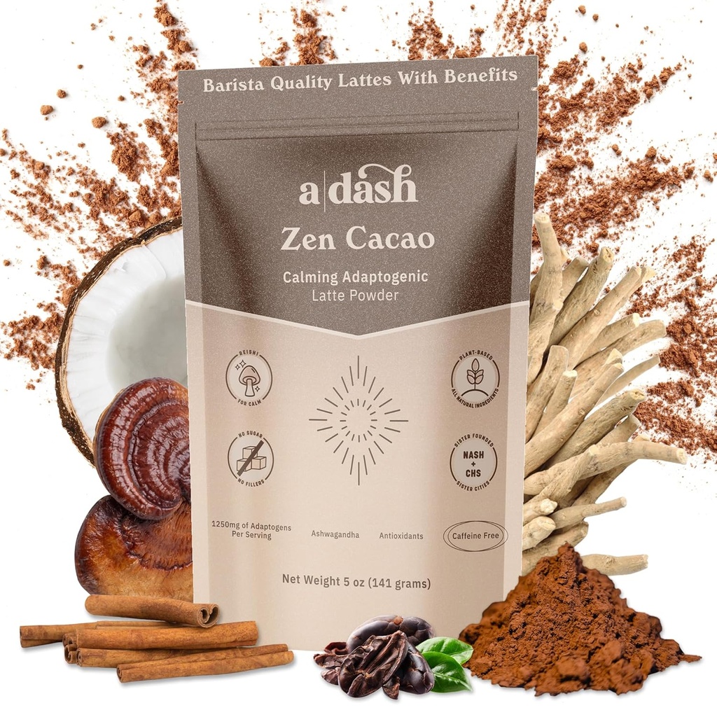 A Dash Zen Cacao Latte, Chocolate Mushroom Café Alternative faite avec des adaptogènes, Ashwagandha, et extrait de racine de cannelle, Coco chaud de champignons sans caféine (20 portions)