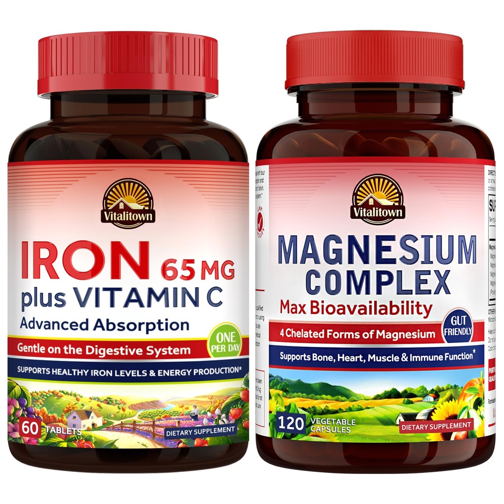 Supplément complexe de magnésium Vitalitown 500mg & 65mg supplément de fer pour les femmes hommes, pour le sommeil, les muscles, la construction de sang et l'amélioration énergétique