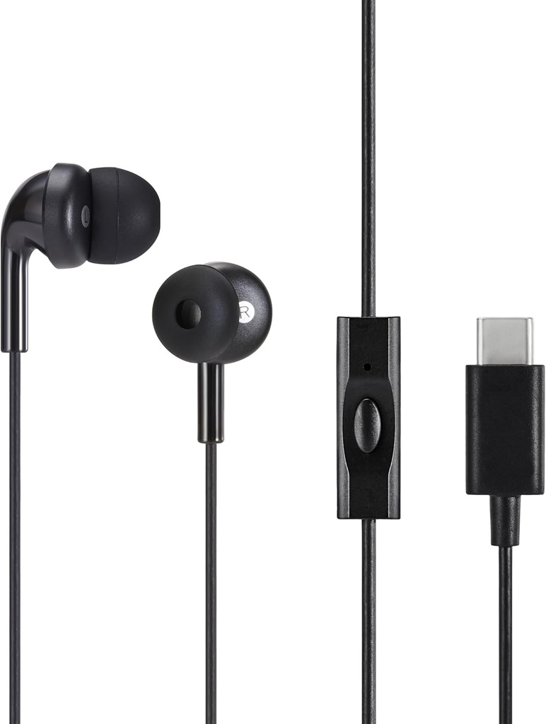 Bases Ecouteurs filaires avec Microphone, En écouteur, USB-C, câble de 4,2 pieds de long, S/M/L Conseils d'oreille, Taille unique, Noir
