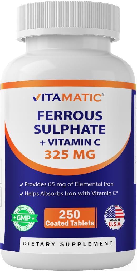 Sulfate de fer vitamatique 325 mg avec vitamine C 100 mg (65 mg de fer élémentaire) – Supplément de fer à haute puissance – Pas de couleurs artificielles – 250 comprimés enduits, fabriqués aux États-Unis