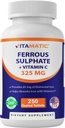 Sulfate de fer vitamatique 325 mg avec vitamine C 100 mg (65 mg de fer élémentaire) – Supplément de fer à haute puissance – Pas de couleurs artificielles – 250 comprimés enduits, fabriqués aux États-Unis