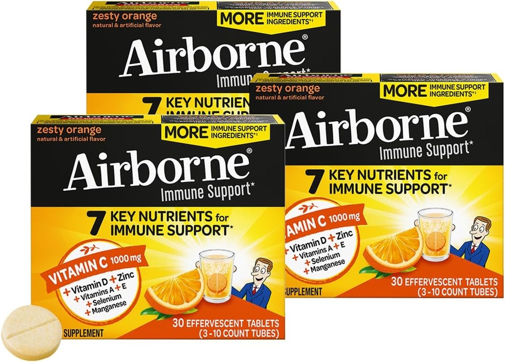 Airborne 1000mg Vitamine C + Zinc sans sucre Multivitamine Immune Support Comprimés de boissons gazeuses effervescents, parfum orange zeste avec des antioxydants puissants Vitamines A C & E, 30 comprimés (3 Pack)