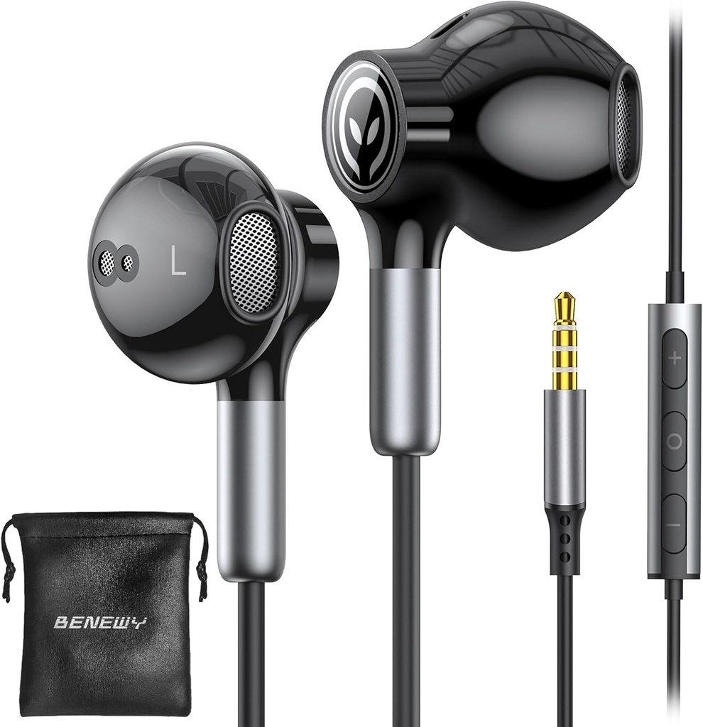 BENEWY Ecouteurs filaires avec micro, écouteurs filaires dans l'oreille, contrôle de volume, basse puissante et audio clair, écouteurs Jack 3,5mm pour iPhone, iPad, ordinateur portable, ordinateur, MP3