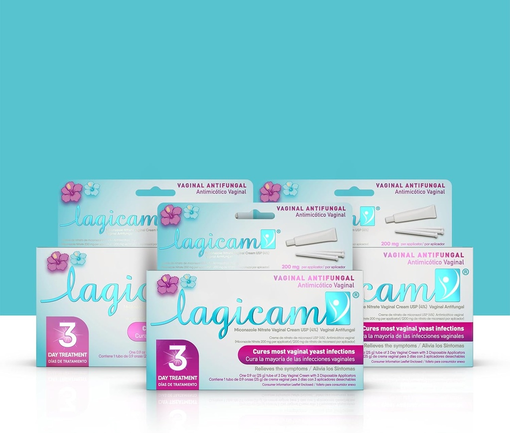 Lagicam Traitement de l'infection à levure 3 jours pour les femmes, commencer à travailler le 1er jour, Nitrate de Miconazole, Crème vaginale antifongique pour les démangeaisons et l'irritation, 3 applicateurs jetables et crème (Pack de 3)