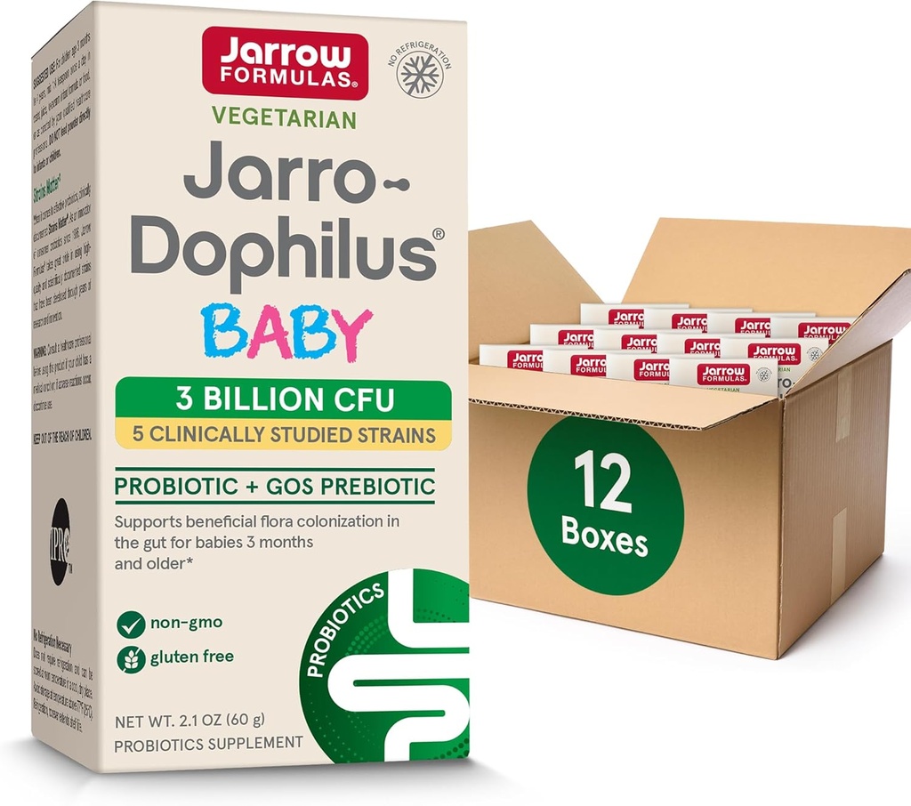Formules Jarrow Jarro-Dophilus Baby Probiotic + GOS Prébiotique, complément alimentaire, Gut Support pour bébés, 2,1 oz en poudre, 60 jours d'approvisionnement (paquet de 12)