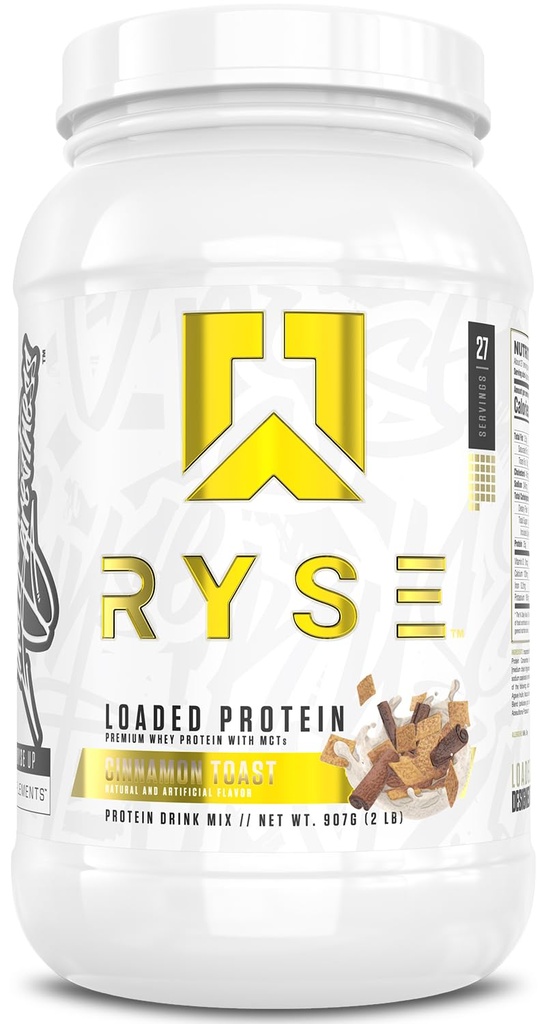 Poudre de protéines chargées de RYSE - Toast à la cannelle - 25g Protéine de lactosérum isolate et concentré avec fibre prébiotique et MCT - faible teneur en glucides, faible teneur en sucre, agréablement digestive - 27 portions / 2 lb Tub