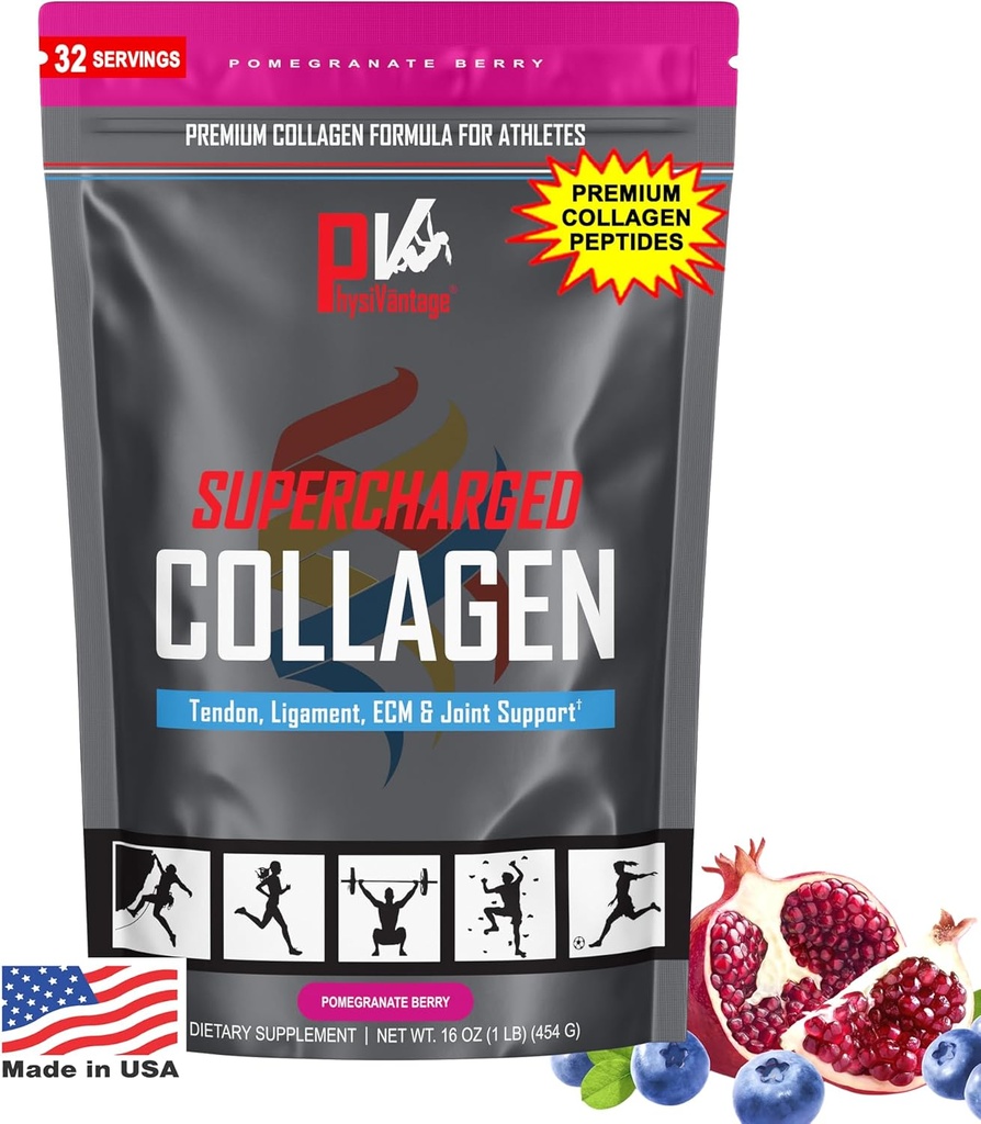 PhysiVantage Supercharged Collagen Peptides Poudre - Collagène hydrolysé pour le soutien de la santé articulaire, Tendon, Ligament et de la peau - grenade, kéto, paléo, 16oz