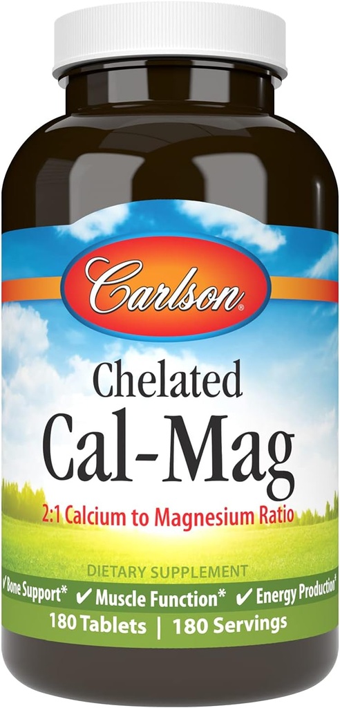 Carlson - Cal-Mag chélaté, 2:1 Rapport calcium-magnésium, soutien osseux, fonction musculaire et production d'énergie, 180 comprimés