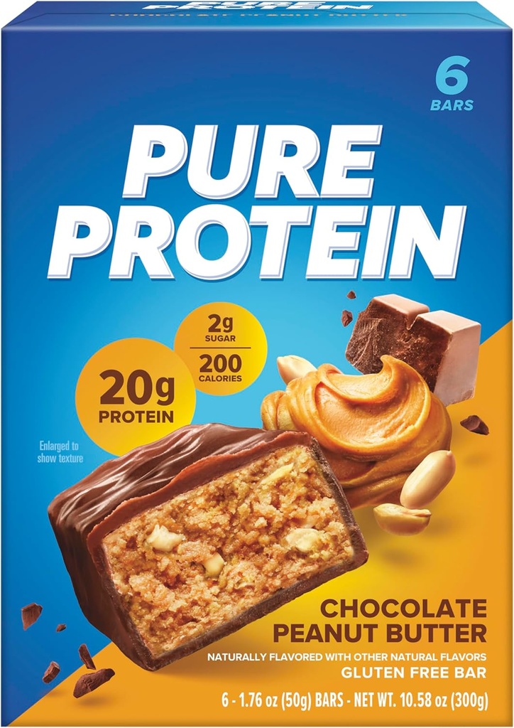 Barres de protéines pures, haute protéine, collations nutritives pour soutenir l'énergie, faible sucre, sans gluten, beurre d'arachide au chocolat, 1,76 Oz (paquet de 6)