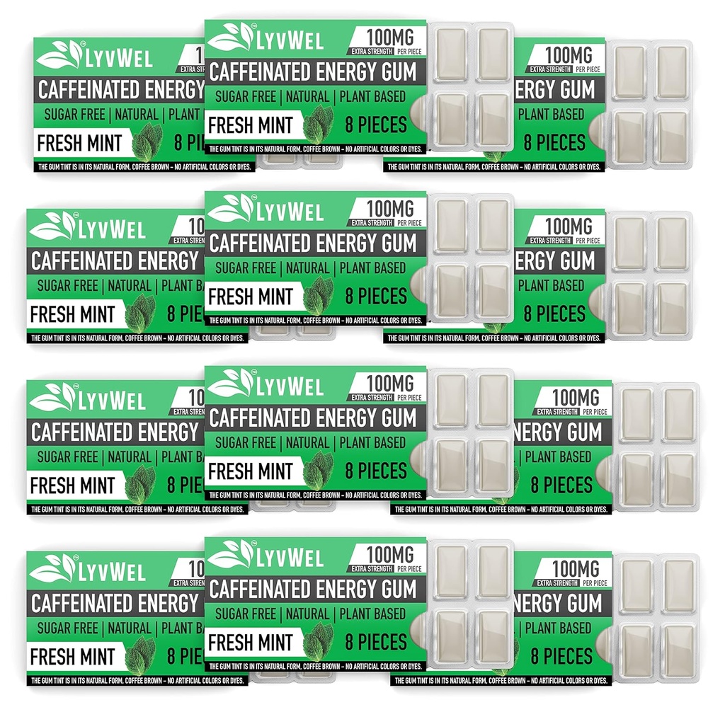 LyvWel Energy Gum | 100mg Caffeine per gem | All Natural | Sugar-Free Pre-Workout Boost: Your Essential Energy Supplement to Stay Awake- Carton 12 pack (Mint- 12 pack)