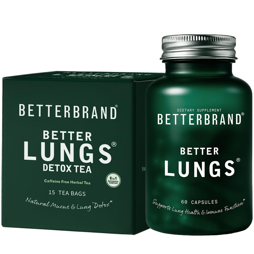 Betterbrand BetterLungs Health Pack - BetterLungs & BetterLungs Detox Tea Bundle - Supplément Santé Reporatoire quotidien - 15X Sacs à thé à base de plantes + 60 Capsules