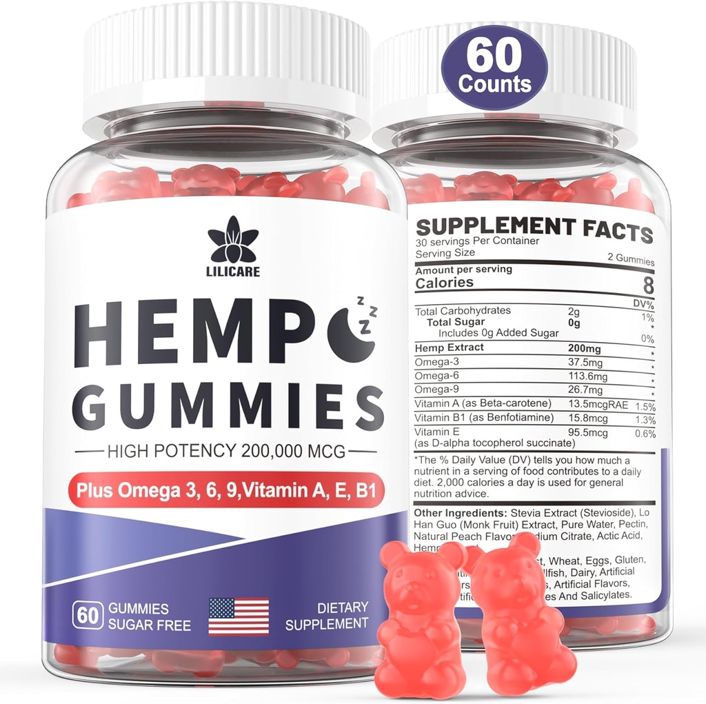 HempTotally Hemp Gummies 200mg, High Potency Vegan Hemp Oil with Omega 3 6 9, Vitamin A、E & B1, Zero Sugar, 60 Gummies, 30 Servings