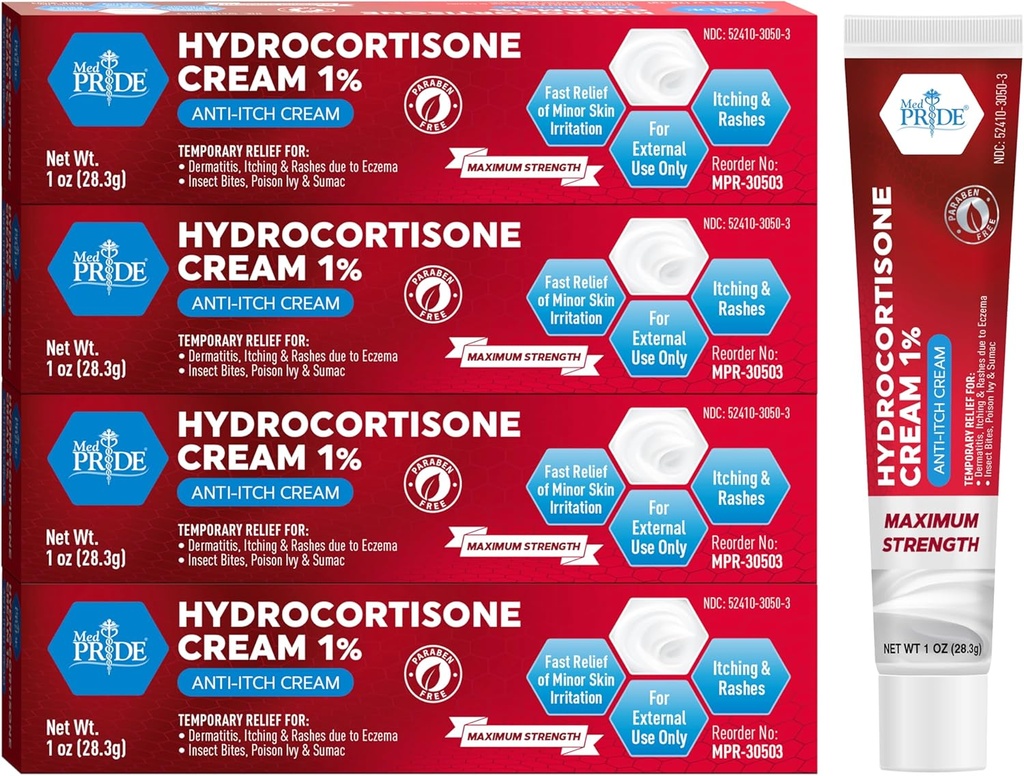 MED Pride Hydro Cortisone (Hydrocortisone) Cream 1% OTC Bulk Pack of 4 X 1 Oz Anti-Itch Ointment for Rash, Eczema, Bug Bites