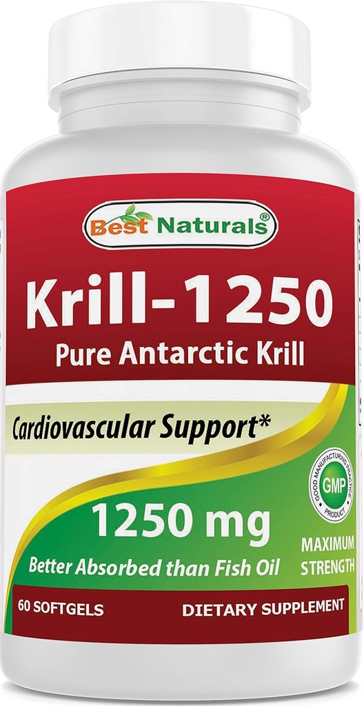 Best Naturals Pure Antarctic Krill Oil 1250 mg (Triple Strength) avec Omega-3s EPA, DHA et Astaxanthine 60 Softgels