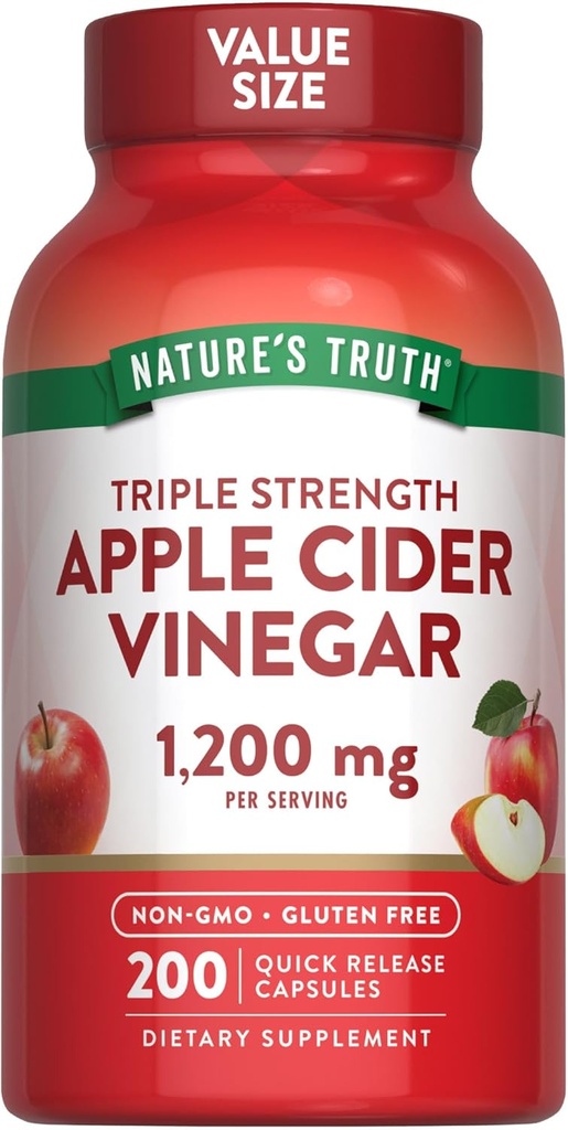 Nature's Truth Apple Cider Vinegar Capsules | 1200mg | 200 Pills | Extra Strength | Value Size | Non-GMO, Gluten Free Supplement