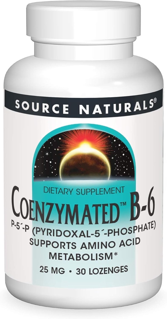 Source Naturals Coenzymated B-6 25mg P-5 Pyridoxal-5 Phosphate à action rapide, dissoudre rapidement Sublingual Vitamine soutient le métabolisme de l'acide amino - 30 Lozenges