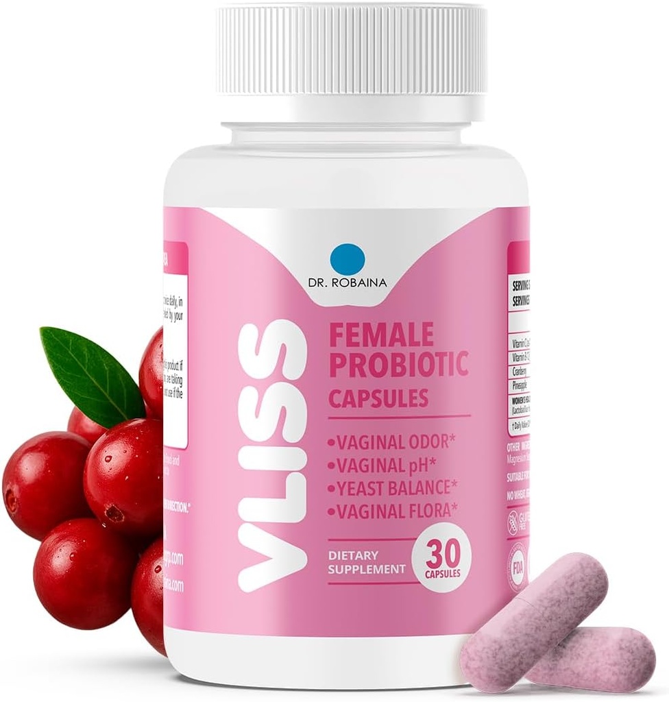 Dr. Robaina Femmes Daily Vaginal Probiotic + canneberge et ananas, 5 B UFC Lactobacillus (rhamnosus, reuteri, gasseri, croustatus), pH Balance et contrôle de l'odeur, vitamine C et B-12, 30 Capsules végétaliennes
