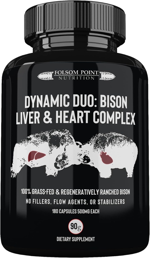 Dynamic Duo: 100% Grass-Fed Bison Liver & Heart Complex | Desiccated Bison Liver and Heart Pill Supplement (Single Bottle) | Made in USA
