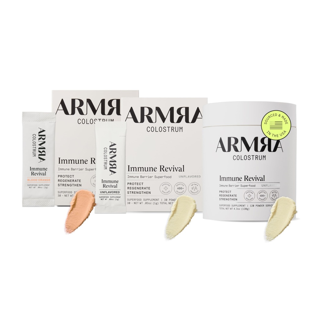 ARMRA ColostrumTM Poudre premium, herbe, Gut Health Bloating Immunity Peau et cheveux, contient 400+ nutriments bioactifs, kéto, gluten et sans gras (Blood Orange, non aromatisé 180 portions)